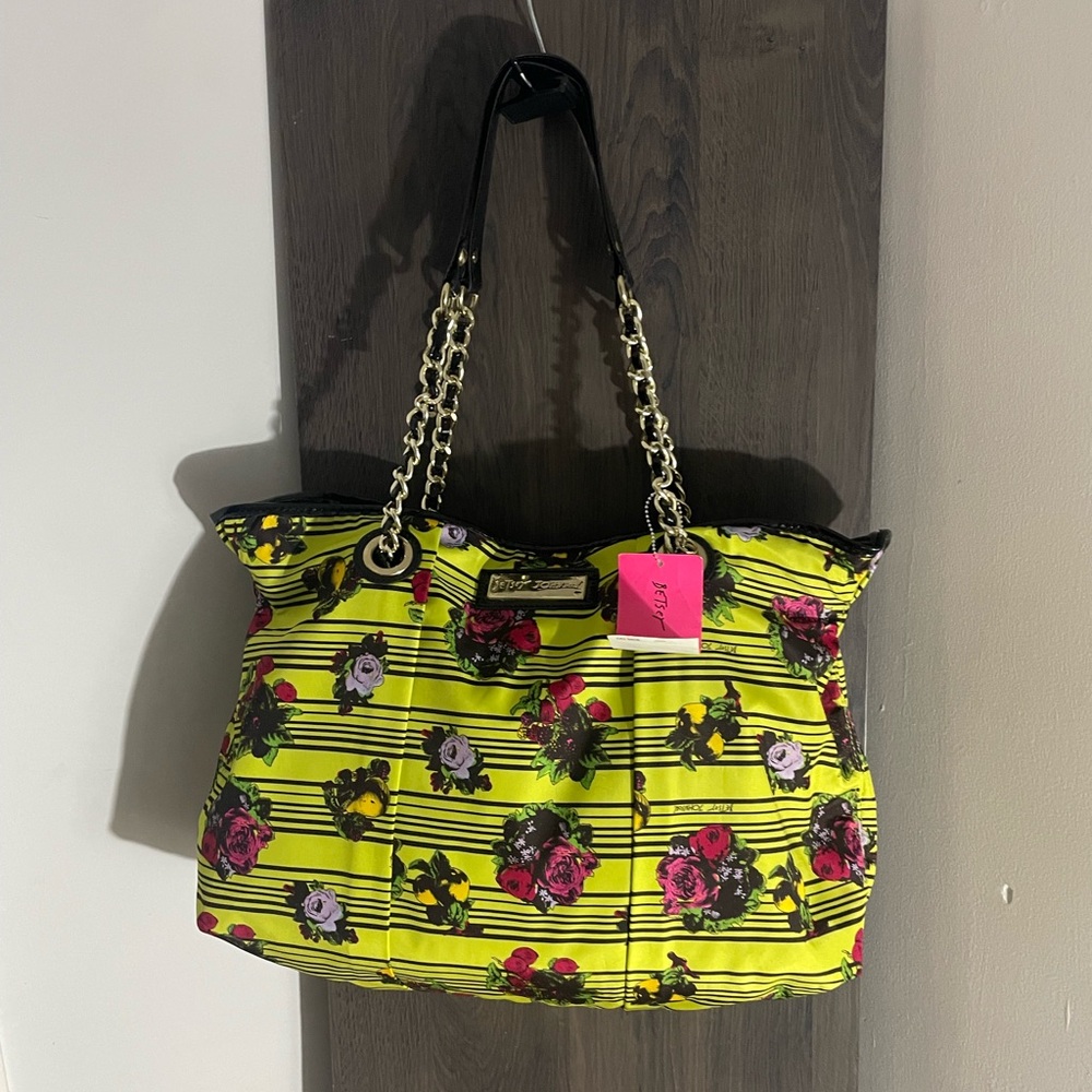 BETSEY JOHNSON LIME GREEN W/ FLOWERS BLACK PATENT TRIM TOTE PURSE RETIRED